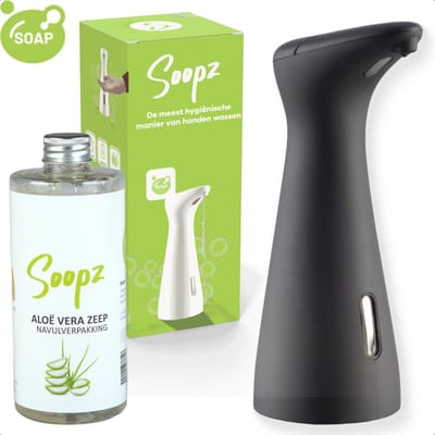 Soopz Automatische Zeepdispenser – Mat Zwart – Black Graphite Charm – Zeeppompje met Bewegingssensor – Met Aloë Vera Zeep