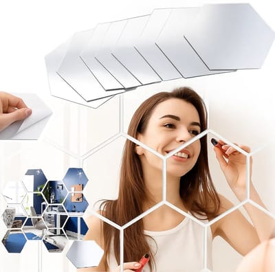 Zilver Hexagon Zelfklevende Spiegels – Set van 12 – Acryl Plakspiegels – 11 x 12 cm – Zeshoek Wanddecoratie – Woonkamer / Slaapkamer / Hal