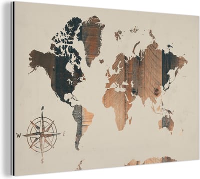 Aluminium schilderij 180x120 cm - Wanddecoratie metaal - Wereldkaart - Houten Plank - Windroos - Metalen muurdecoratie woonkamer - Decoratie industrieel - Foto op dibond - Industriële accessoires slaapkamer