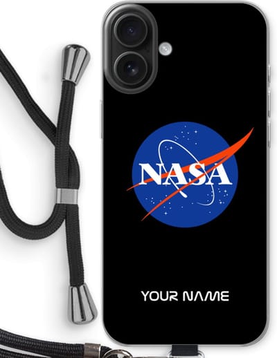 Gepersonaliseerd - Case Company® - Hoesje met koord geschikt voor iPhone 16 Plus hoesje met Koord - NASA - Telefoonhoesje met Zwart Koord - Bescherming aan alle Kanten en Over de Schermrand