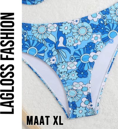 LaGloss® Dames Hoge Taille Bloemenprint Bikini Broekje – Elegant Split Design – Blauw Strandvakantie Zwembroek – Hoog Elastisch – Maat XL