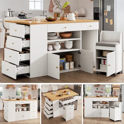 Keukeneiland met Barstoelen - 140×40(70)×89 cm - 6 Lades + Hockers - Breedte Verstelbaar - MDF - Wit/Zwart