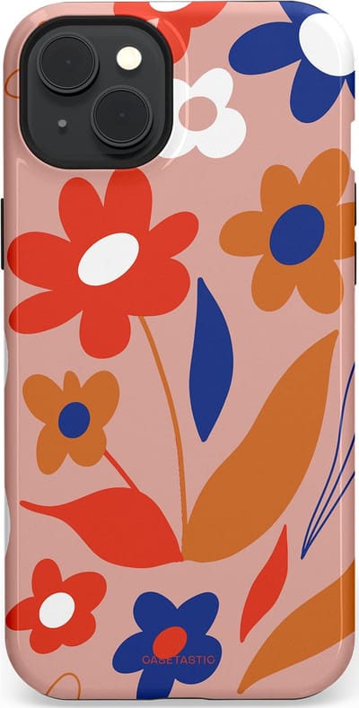 Casetastic hoesje geschikt voor Apple iPhone 15 Plus - MagSafe - Dubbellaagse bescherming - Vormen in bloei - Fashion Case - Perzik Rood Donkerblauw