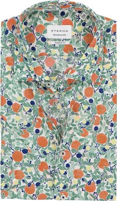 ETERNA modern fit overhemd korte mouw - popeline - wit met groen - blauw en oranje fruit dessin - Strijkvrij - Boordmaat: 42 (EU maat: L)