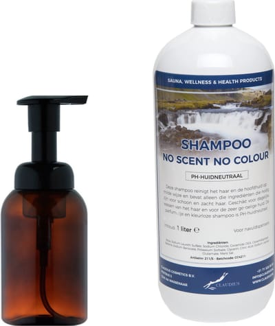 Zeepdispenser 300 ml amber bruin hervulbaar + 1 liter Shampoo No Scent No Colour navulling