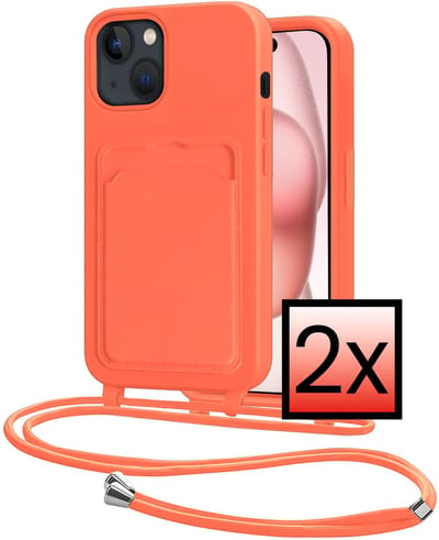 Hoes Geschikt voor iPhone 15 Plus Hoesje Pasjeshouder Cover Met Koord Case Siliconen Hoes Met Telefoonkoord en Kaarthouder - Papaya - 2 PACK