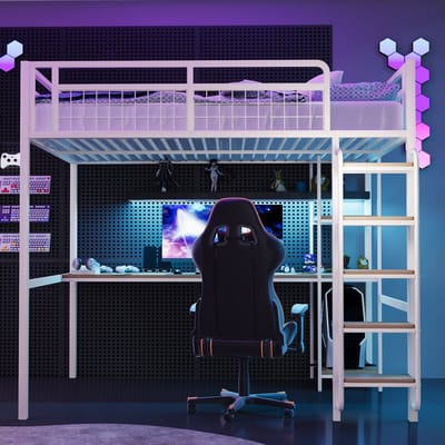 VVBV Metalen Hoogslaper 140x200 cm met Planken, Veiligheidstrap - Uitvalbeveiliging, Voor Kinderen/Tieners - Metaal Wit