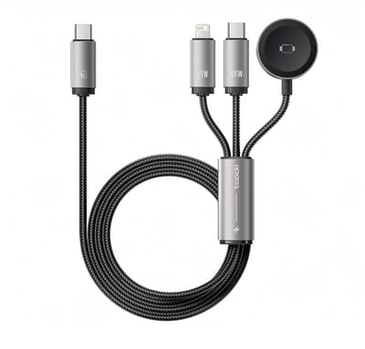 DrPhone Toocki USB-C 3-in-1 Oplaadkabel 100W - Datakabel - Compatibel met Lightning, Apple Watch en USB-C - 1.2M - Gunmetal Grijs