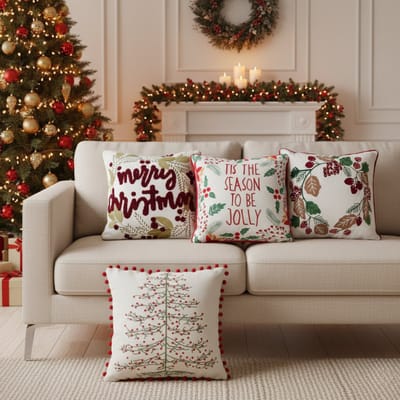 Urbane Hide | Set van 4 Kerst Kussenhoezen | Kussenhoes | Kussenhoesjes | Christmas | Kerstcharme | 45x45 cm | 100% Katoen | Wit & Rood | Zonder binnenkussen