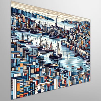 Abstract haven schilderij | Haven van verbeelding: een abstract zeegezicht vol kleur en emotie | Kunst - 50x50 centimeter op Dibond | Foto op Dibond