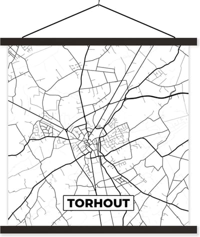Posterhanger incl. Poster 60x60 cm - Schoolplaat - Zwart Wit – België – Plattegrond – Stadskaart – Kaart – Torhout - Textielposter - Zwarte latten - Stadskaart
