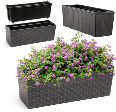 KADAX Bloembak van kunststof, 18,5 x 56 cm, plantenbak met inzetstuk, weerbestendige balkonbak, rechthoekige bloembak, bloempot voor buiten, rotan patroon, grafiet