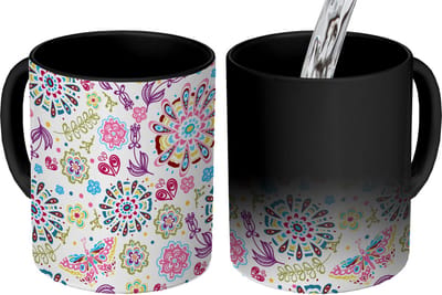 Magische Mok - Foto op Warmte Mokken - Koffiemok - Regenboog - Bloemen - Vlinder - Design - Magic Mok - Beker - 350 ML - Theemok