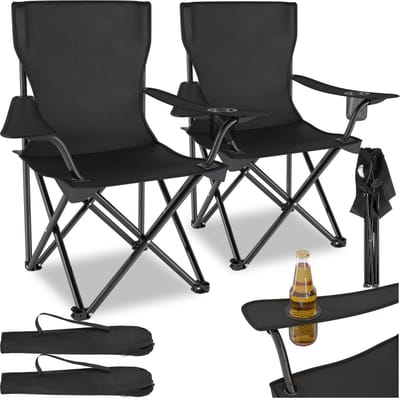tectake® Set van 2 Campingstoelen - Klapstoel - Opvouwbare Visstoel met Armleuning en Bekerhouder - Inclusief Draagtas - Comfortabele Stoel voor Balkon, Tuin, Festival, Camping - Maximale belasting 100 kg - Afmeting (BxDxH) 80 x 48 x 84,5 cm - Zwart