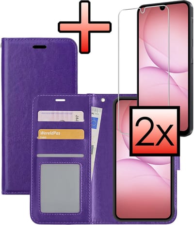 Hoesje - Met 2x Screenprotector - Geschikt voor Samsung Galaxy A17 - Luxe Pasjeshouder - Bookcase Portemonee - Flip Case - Kunstleer Book Case - Flipcase Hoes - Book Cover - Walletcase - Portemonneehoes - Paars