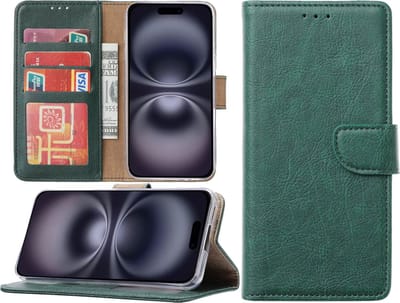 Hoesje Geschikt voor iPhone 16 Plus hoesje – portemonnee bookcase met pasjeshouder – Groen