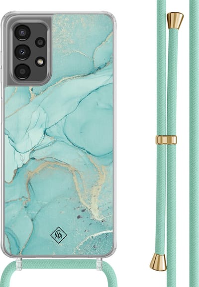 Casimoda® hoesje met mintgroen koord - Geschikt voor Samsung A13 4G - Marmer mint groen - Afneembaar koord - TPU/polycarbonaat - Mint