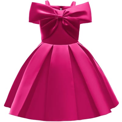 Nieuwe kinderprinsesjurk Effen kleur Off-shoulder kinderjurk 130cm rozerode kleur