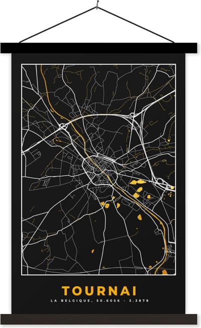 Posterhanger incl. Poster 40x60 cm - Schoolplaat - Tournai - Stadskaart - Goud - Plattegrond - Kaart - Textielposter - Zwarte latten - Stadskaart