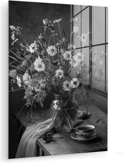 MuchoWow® Glasschilderij 30x40 cm - Schilderij acrylglas - Boeket - Bloemen - Olieverf - Stilleven - Zwart - Wit - Foto op glas - Muurdecoratie woonkamer - Wanddecoratie slaapkamer - Schilderijen