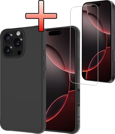 Hoesje - Met Screenprotector - Geschikt voor Apple iPhone 16 Pro - Sterk & Shockproof - Back Cover - Siliconen Case - Telefoon Hoes - Zwart