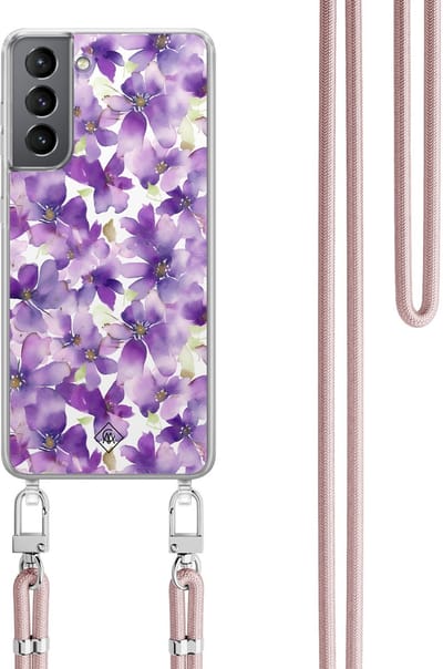 Casimoda® hoesje met rosegoud koord - Geschikt voor Samsung S21 Plus - Floral Violet - Afneembaar koord - TPU/polycarbonaat - Paars