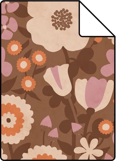 Proefstaal ESTAhome behang retro bloemen bruin, oranje en lila paars - 26.5 x 21 cm - 132158-S