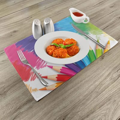 ABAKUHAUS kleurrijke placemats, kleurrige tekenstiften en potloodontwerp met schoolthema, schetsstijl – Tiscjdeco van kleurvast stof, voor eetkamer en keuken, multikleurig