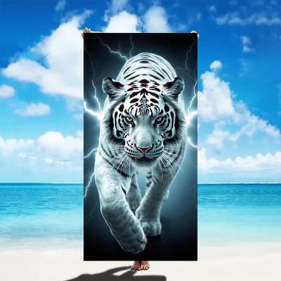 Zwarte Leeuw En Witte Tijger Bedrukte Strandhanddoek, Sneldrogend En Absorberend Voor Sport, Strand, Kust En Zwembad Gebruik. 50x100cm