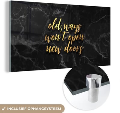MuchoWow® Glasschilderij 40x20 cm - Schilderij acrylglas - Quote - Deur - Gold - Zwart - Foto op glas - Schilderijen