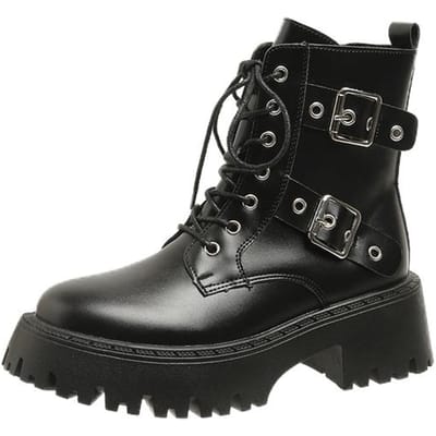 Punk Metal Buckle Platform Laarzen Vrouwen PU Leer Chunky Hakken Enkellaarsjes Vrouw Herfst Veter Dikke Bodem Gothic Schoenen 39 black