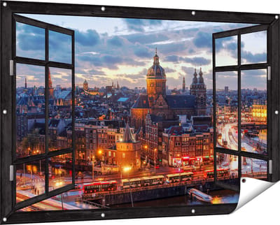 Gards Tuinposter Doorkijk Amsterdam Centrum Luchtfoto Zonsondergang - 150x100 cm - Tuindoek - Tuindecoratie - Wanddecoratie buiten - Tuinschilderij