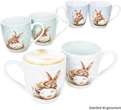 6-delige set Bunny JUMBO-bekers 500 ml, elk 2x wit, groen & blauw van porselein - 428629
