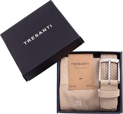 TRESANTI | ZENO I Giftbox gevlochten riem met bamboe sokken | Taupe | Size 115
