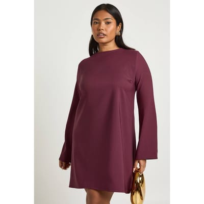 boohoo Dames Plus Wijdvallende Mouwen Strikdetail Rug Shift Jurk | Pruim | Maat: 48