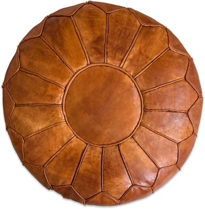 Poef Rond (XL) - Cognac Brown - Poef Leer - Handgemaakt - Ø60 x 35cm - Gevuld geleverd
