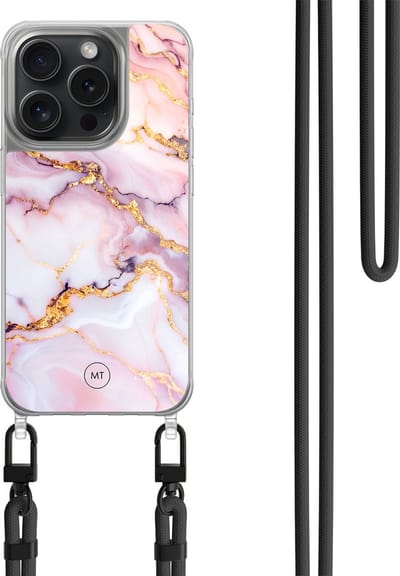 Hoesje met koord geschikt voor iPhone 14 Pro - Marble pink - Inclusief zwart koord - Crossbody beschermhoes - Transparant, Multi - Mooie Telefoonhoesjes