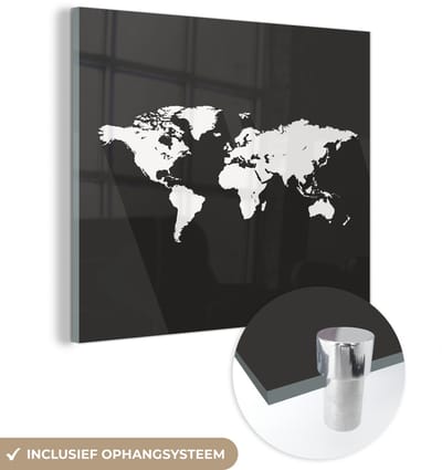 ® Glasschilderij 50x50 cm - Schilderij acrylglas - Wereldkaart - Minimalisme - Zwart Wit - Foto op glas - Muurdecoratie woonkamer - Wanddecoratie slaapkamer - Schilderijen