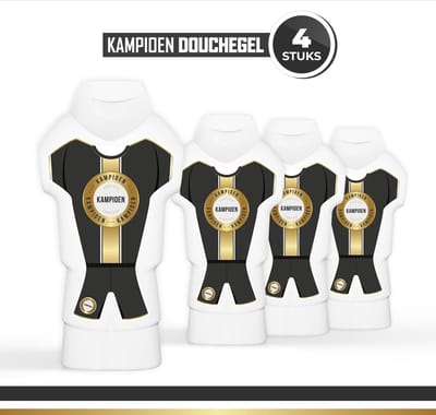 Douchegel "Kampioen Zwart Goud" - 4 stuks - Triomf Cosmetica | Prijs Cadeau Toernooi Showergel Shower gel Voetbal Sport Voetbal Hockey Volleybal Korfbal Rugby IJshockey Prijs Toernooi Cadeau Tenue Shirt Zwart Goud