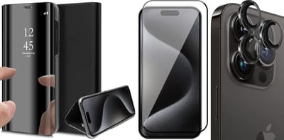 Hoesje geschikt voor iPhone 15 Pro - Screenprotector FullGuard & Camera Lens Screen Protector Zwart - Book Case Spiegel Zwart