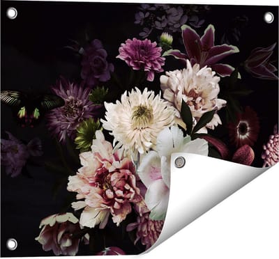 Gards Tuinposter Diverse Bloemen op Zwart Achtergrond - 50x40 cm - Tuindoek - Tuindecoratie - Wanddecoratie buiten - Tuinschilderij