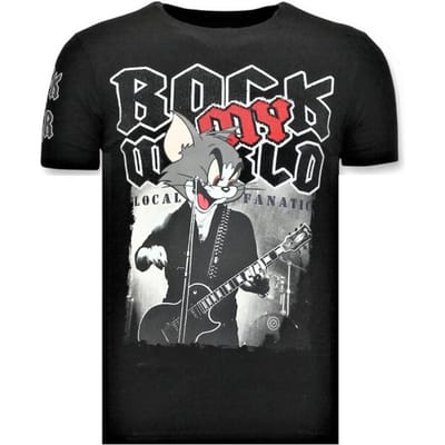 Funny T-Shirt Mannen- Rock My World Cat - Zwart