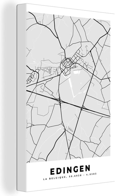Canvas Schilderij Kaart – Plattegrond – Stadskaart – Edingen – België – Zwart Wit - 20x30 cm - Wanddecoratie