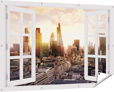 Gards Tuinposter Doorkijk Londen bij Zonsondergang in een Moderne Wijk - 150x100 cm - Tuindoek - Tuindecoratie - Wanddecoratie buiten - Tuinschilderij
