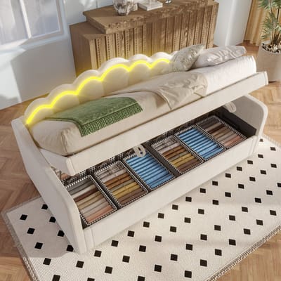 REDOM Slaapbank 90x200 cm van fluweel/MDF – Met hydraulische opbergruimte en LED-lichtstrip – Beige