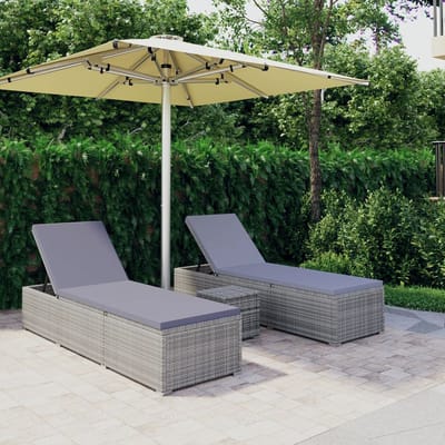 vidaXL - 3-delige - Ligbeddenset - met - theetafel - poly - rattan - grijs