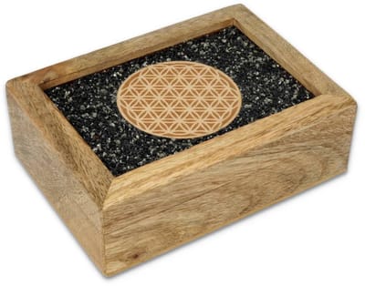Tarot sieradendoos Flower of life toermalijn en pyriet mangohout - ± 18 cm x 14 cm x 7 cm