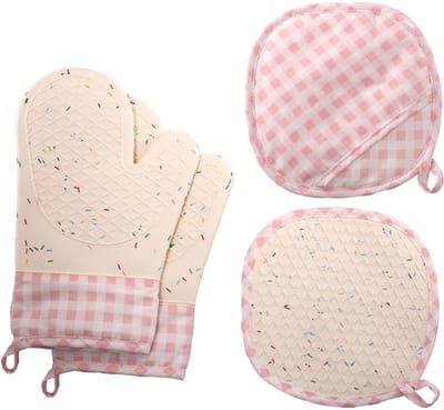 Ovenhandschoenen hittebestendig-ovenwanten-Een set van 2 siliconen ovenwanten - waterdichte keukenhandschoenen - wasbare vingerhoedjes - katoenen voering - voor koken, bakken, grillen en gebruik in de magnetron - roze - 30x18cm