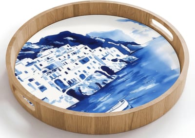 Dienblad rond 40x40 cm - Schootdienblad hout - Dorp - Rotswand - Roeiboot - Water - Borrelplank rechthoek - Plateau houten dienbladen