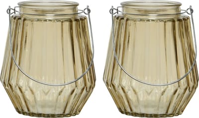 2x stuks theelichthouders/waxinelichthouders streepjes glas taupe met metalen handvat 11 x 13 cm - Windlichtjes/kaarsenhouders
